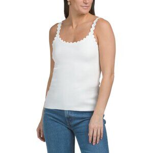 ELIE TAHARI Sky White Scoop Neck Cropped Tank Top With Scalloped Detail